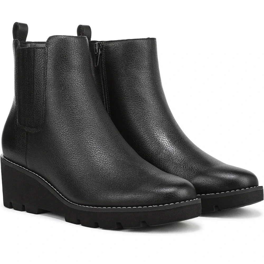 Vionic Aria 2.0 Womens Black Leather Wedge Ankle Boots Orthotic Support Size 6